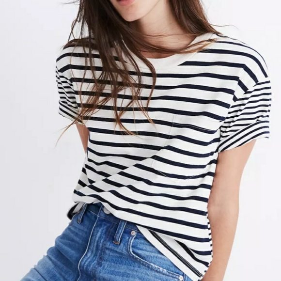 Madewell Tops - Madewell Easy Crop Tee Stripe Mix White Navy XL